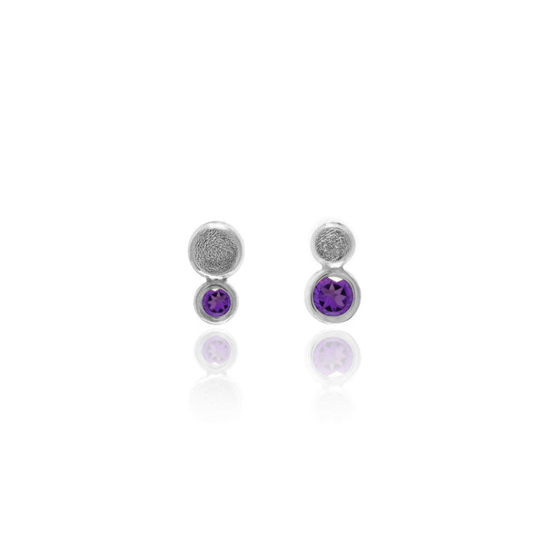 Halo mini stud earrings in textured sterling silver - amethyst
