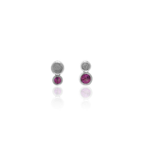 Halo mini stud earrings in textured sterling silver - rhodolite garnet