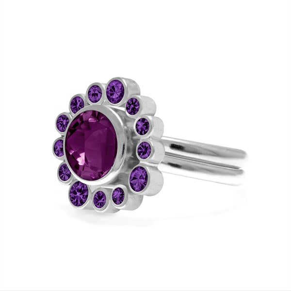 Sterling silver and amethyst halo ring with interlocking rhodolite garnet solo ring