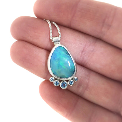 Dewdrop cluster pendant - sterling silver, opal and blue topaz - ready to wear