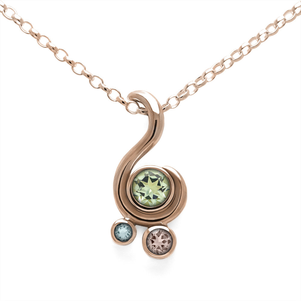 Entwine three stone gemstone pendant in 9ct gold - rose gold, green beryl, morganite and aquamarine