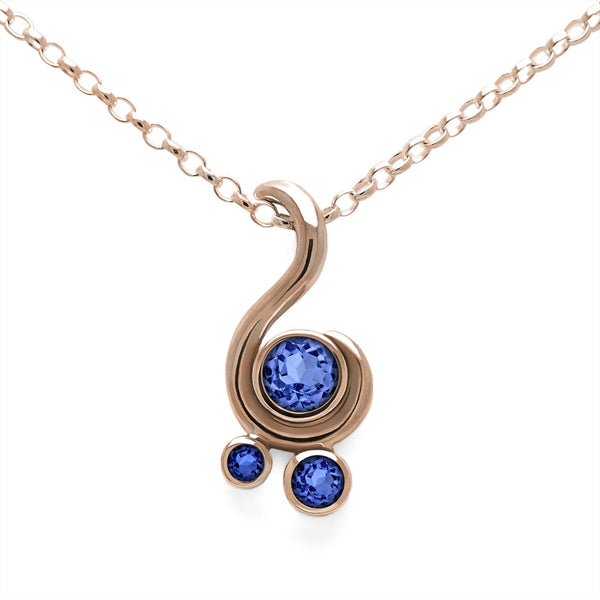 Entwine three stone gemstone pendant in 9ct gold - rose gold and blue sapphire