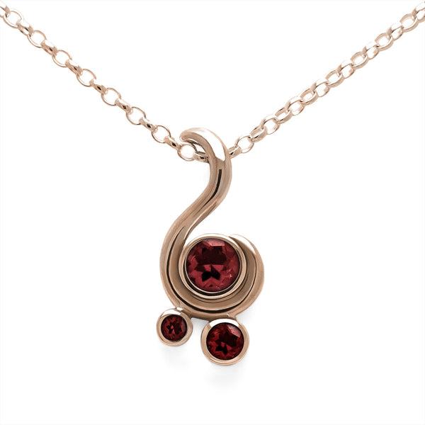 Entwine three stone gemstone pendant in 9ct gold - rose gold and red garnet