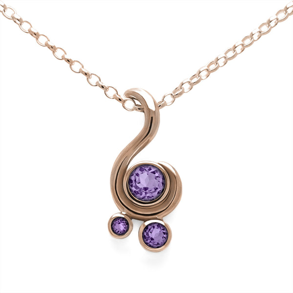 Entwine three stone gemstone pendant in 9ct gold - rose gold and purple sapphire
