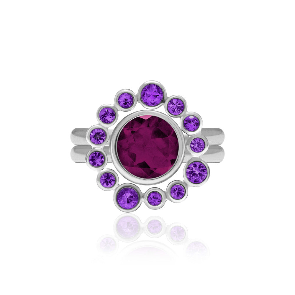 Sterling silver and amethyst halo ring with interlocking rhodolite garnet solo ring