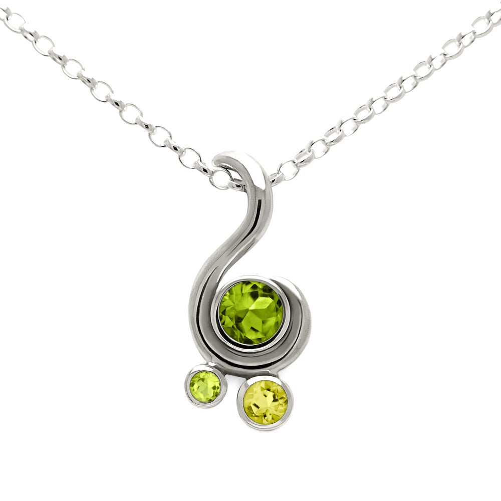 Entwine three stone gemstone pendant in sterling silver - peridot and lemon quartz