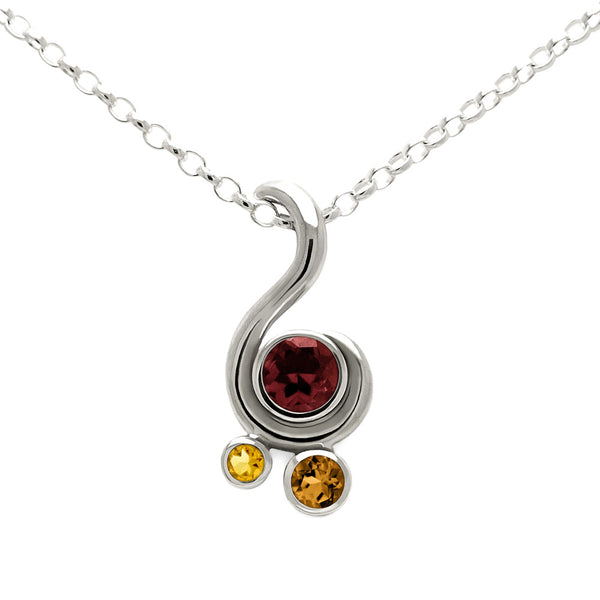 Entwine three stone gemstone pendant in sterling silver - garnet and citrine