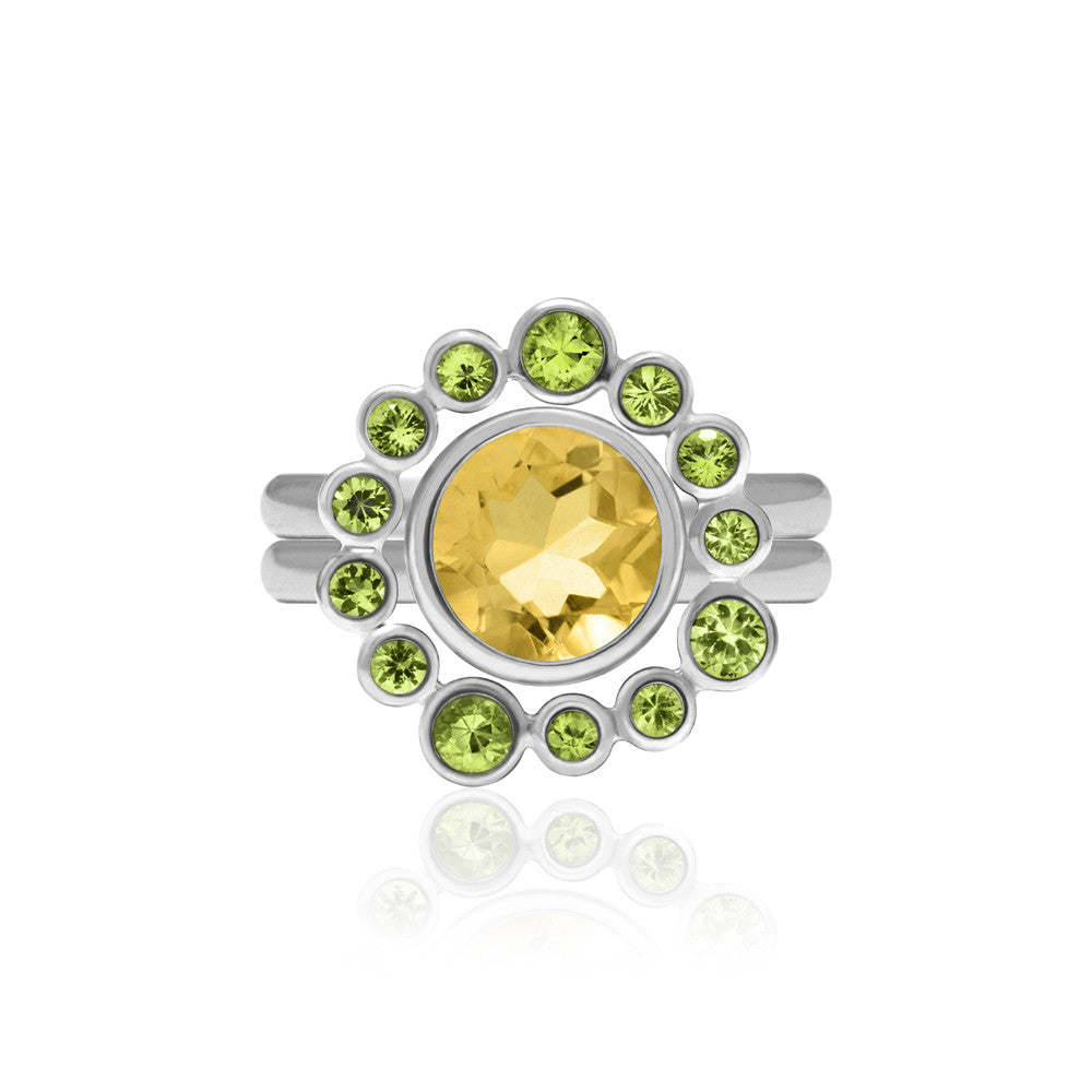 Sterling silver and peridot halo ring with interlocking citrine solo ring