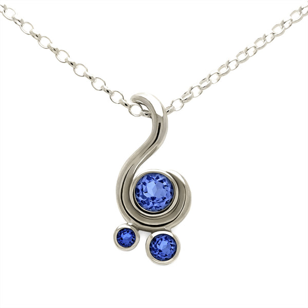 Entwine three stone gemstone pendant in 9ct gold - white gold and blue sapphire