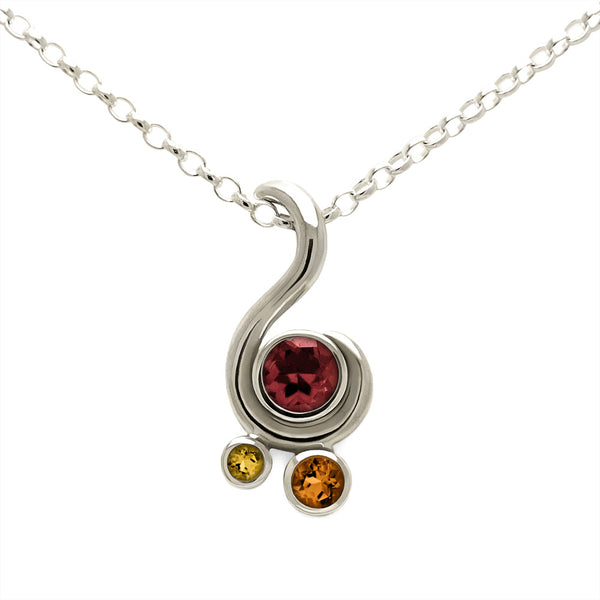 Entwine three stone gemstone pendant in 9ct gold - white gold, garnet and citrine