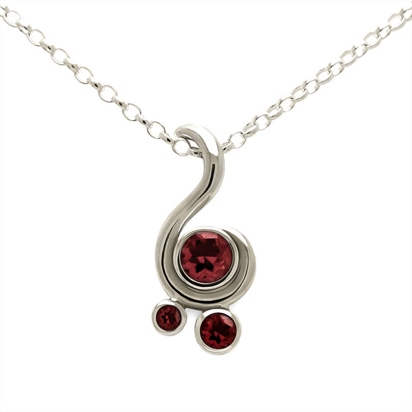 Entwine three stone gemstone pendant in 9ct gold - white gold and red garnet