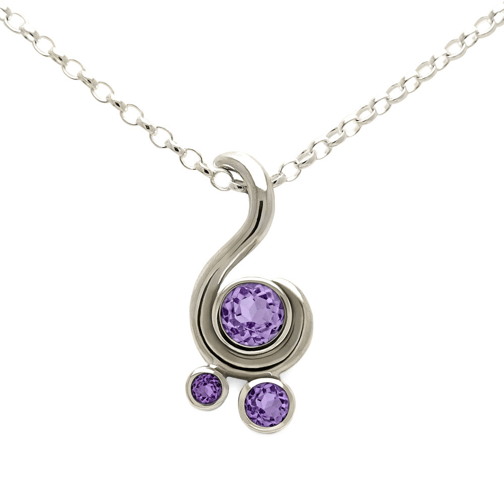Entwine three stone gemstone pendant in 9ct gold - white gold and purple sapphire