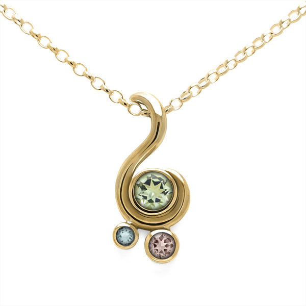 Entwine three stone gemstone pendant in 9ct gold - yellow gold, green beryl, morganite and aquamarine