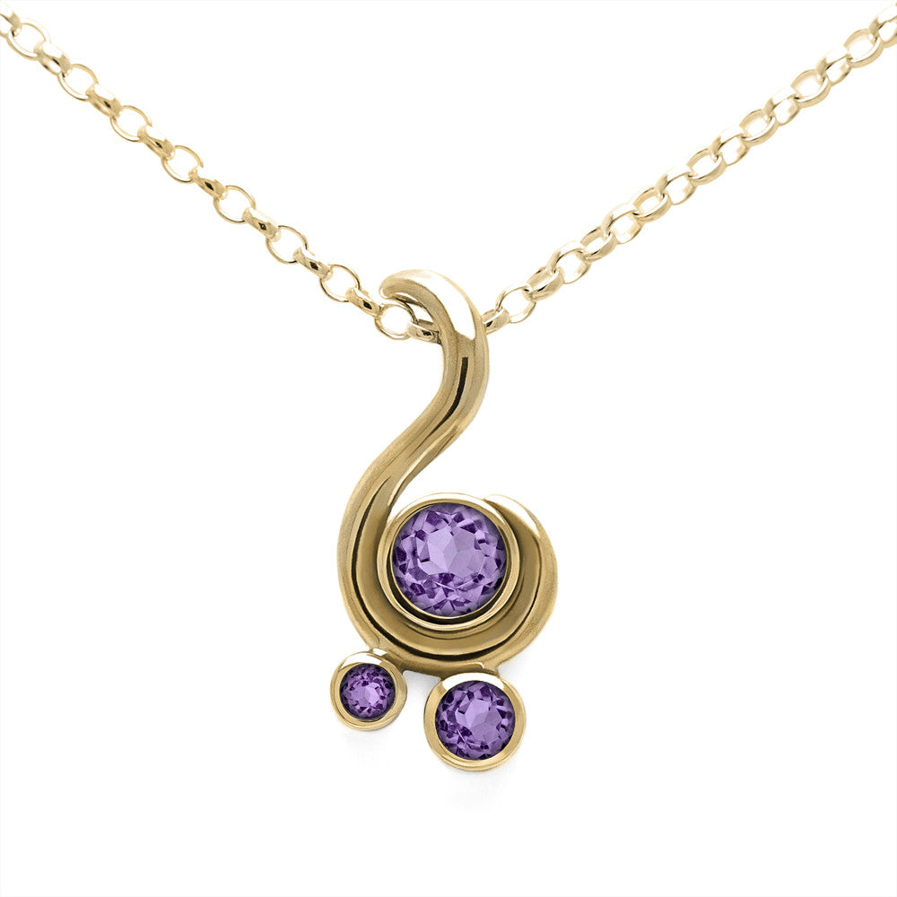 Entwine three stone gemstone pendant in 9ct gold - yellow gold and purple sapphire